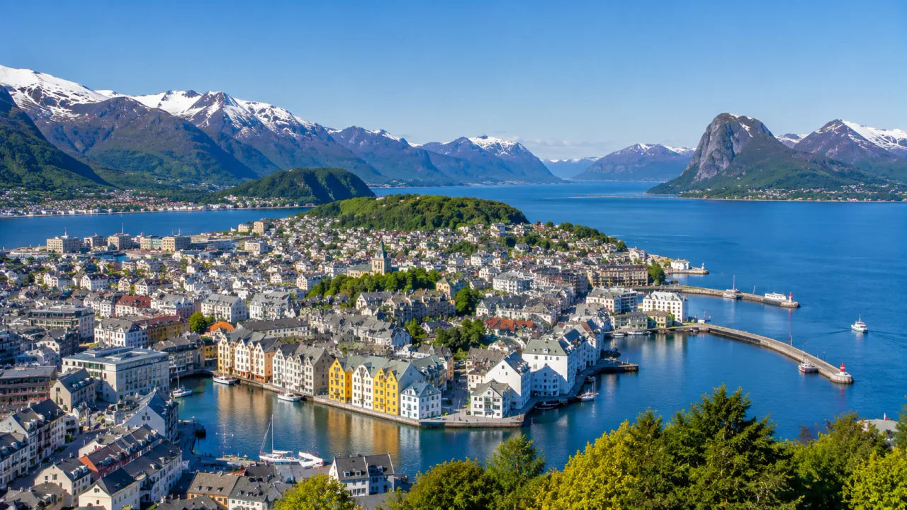 منظر بانورامي عبر أوليسوند والجزر وجبال Sunnmøre Alps